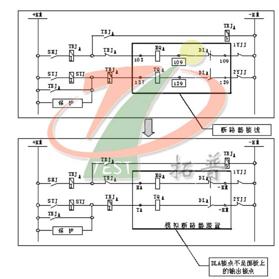 斷路器模擬裝置接入實際二次回路示意圖